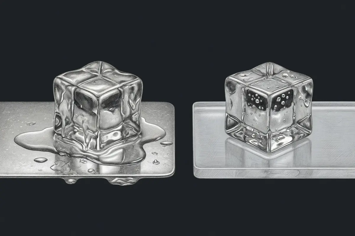 Cubo de gelo derretendo sobre a prata, ao lado de outro intacto sobre pedra