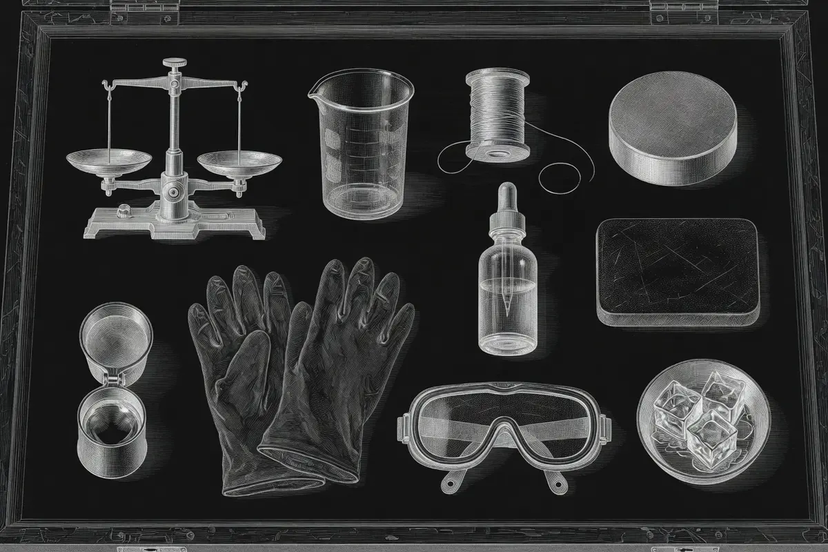Kit de verificação organizado: balança, copo, fio, ímã, reagente, pedra de toque, lupa, luvas e óculos