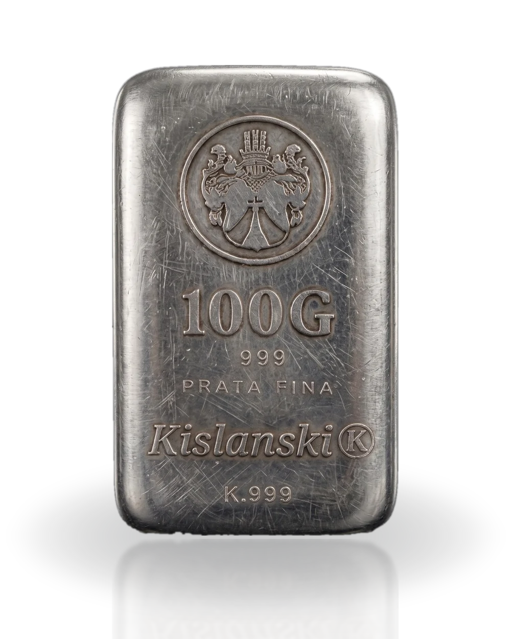 Barra de prata fina Kislanski 100g .999, fundida e com o brasão da casa