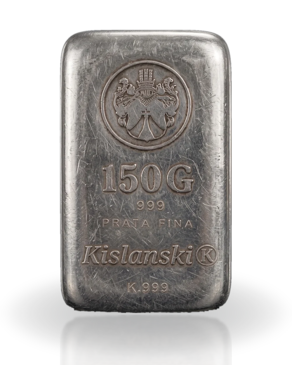 Barra de prata fina Kislanski 150g .999, fundida e com o brasão da casa