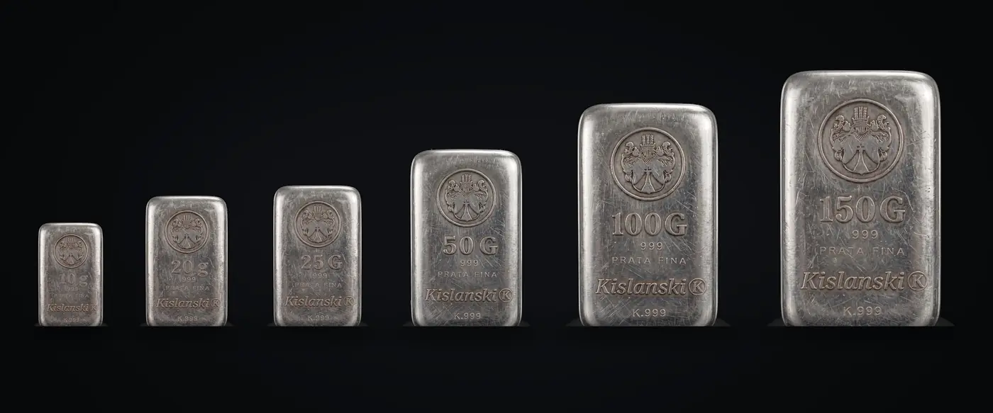 As seis placas de prata fina Kislanski lado a lado, de 10 g a 150 g, na proporção real de tamanho entre elas